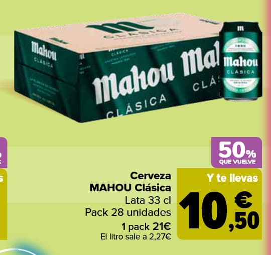 Acumula el 70% en Cerveza Mahou Clásica pack 28 latas 33 cl del 3 al 5 de julio (pagas 21 euros devuelven 14,70€))