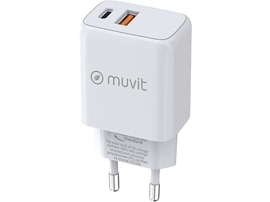 Cargador móvil - Muvit For Change MCACC0037, 1 USB QC 3.0 18W + 1 Tipo C PD 25W, Universal