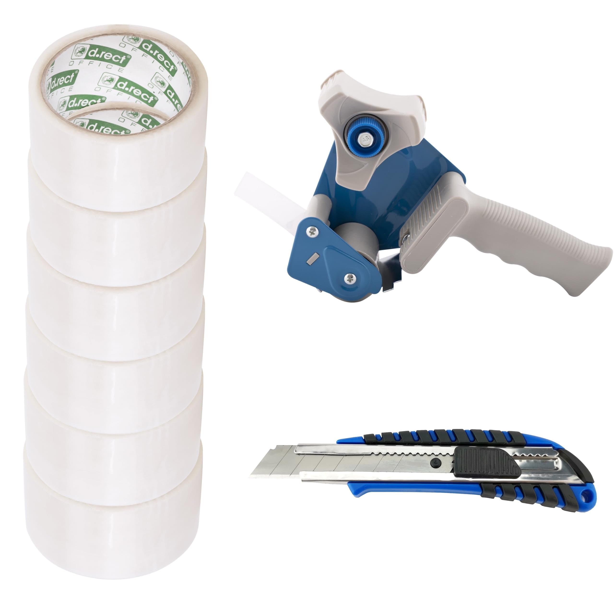 Dispensador de Cinta Adhesiva con 6 Rollos Cinta Embalar Transparente 50mx48mm Incluidos Cuchillas de Cúter 18 mm con Mango de Goma