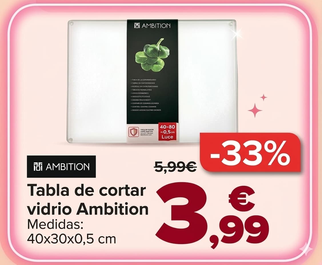 Tabla de Cortar de Vidrio Templado 40 x 30 x 0,5 cm AMBITION Luce (Carrefour tienda física; toda España)