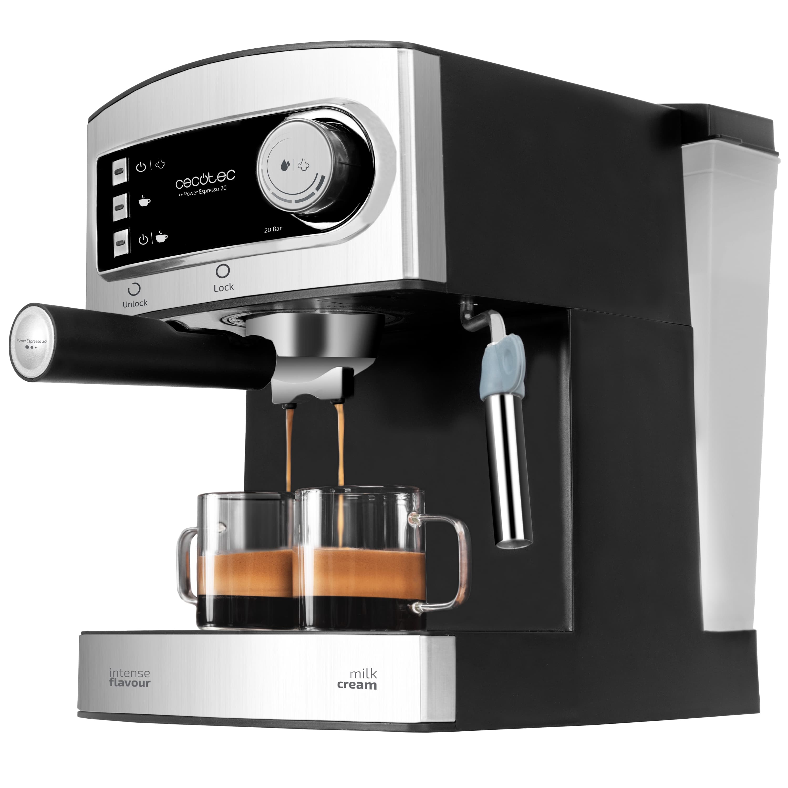 Cafetera express - Cecotec Power Espresso 20, 850W, Presión 20 bares, Depósito 1.5L, Brazo doble salida, Vaporizador, Inox en APP