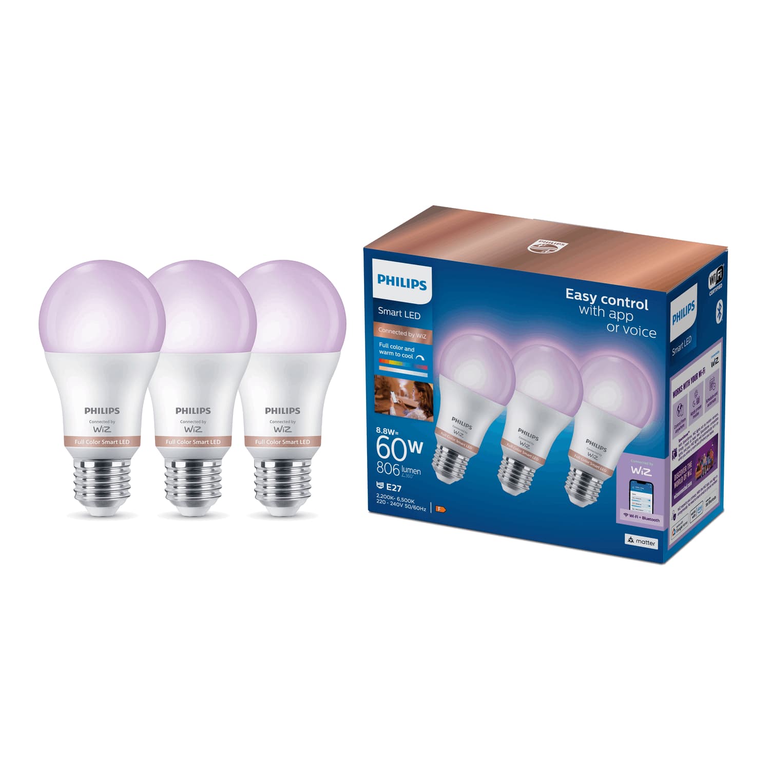 Bombillas inteligentes Philips WiZ E27 Pack x3, RGB, 8,5 W, 806 lm, Wi‑Fi y Bluetooth, Matter Alexa/HomeKit