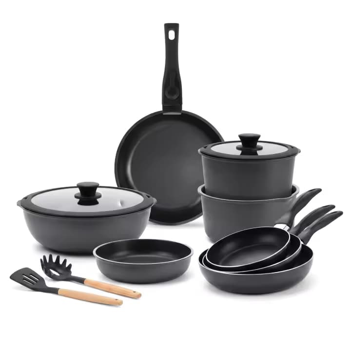 Bergner Pack Batería de Cocina 13 Piezas con Mango Extraíble + Juego de 3 Sartenes Ø16Ø20Ø24 cm, Aluminio, Apta para Inducción