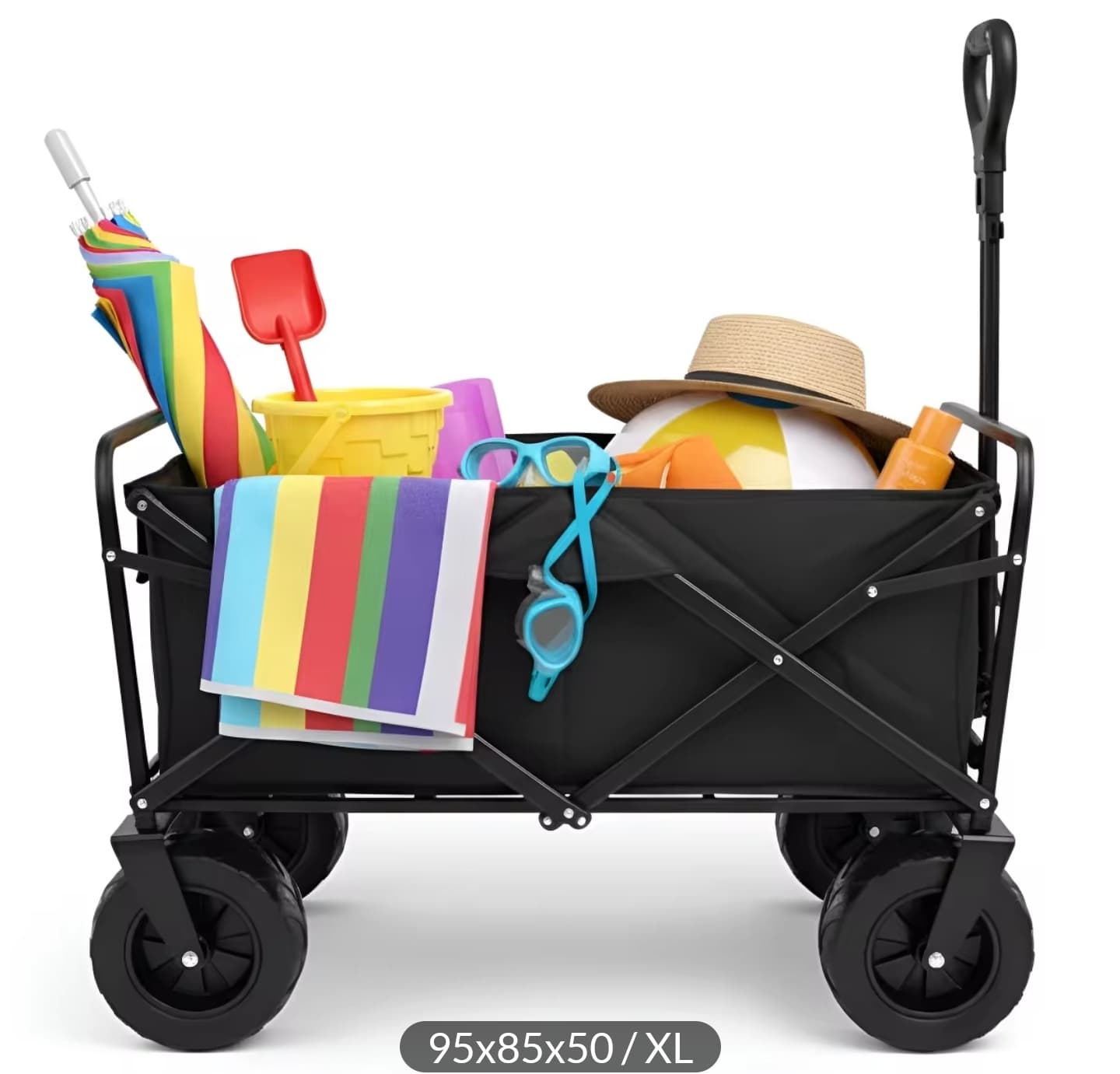 Carro de Multiusos Plegable 150kg (95x85x50) Playa Nyana Home Carrito de Transporte para Playa, Camping y Jardín Ruedas Giratorias 360°