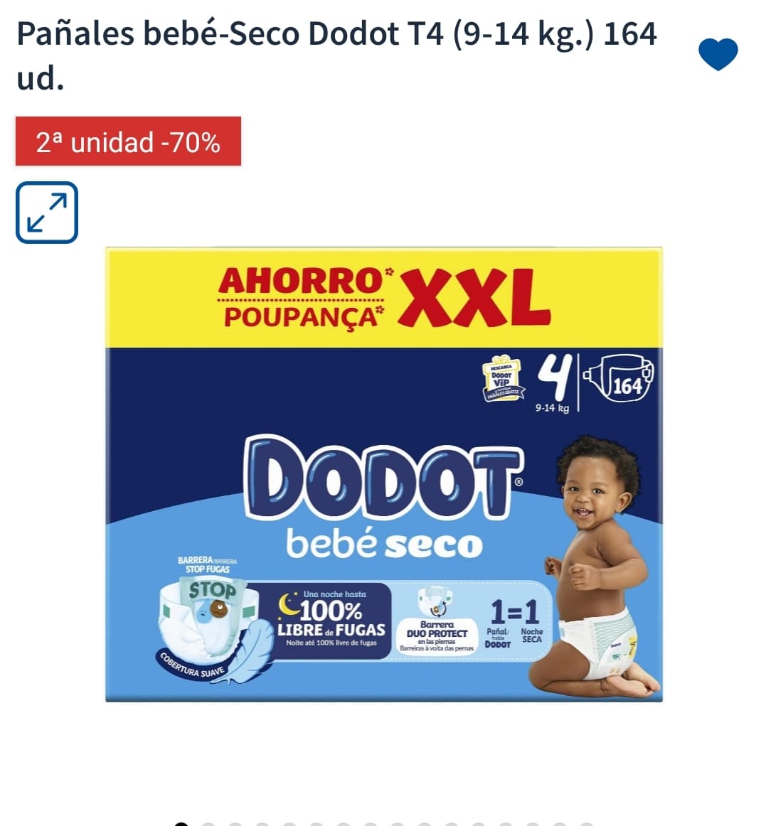 2 x164 Pañales Dodot Bebé Seco talla 4 (0'20€) [2a unidad 70%]