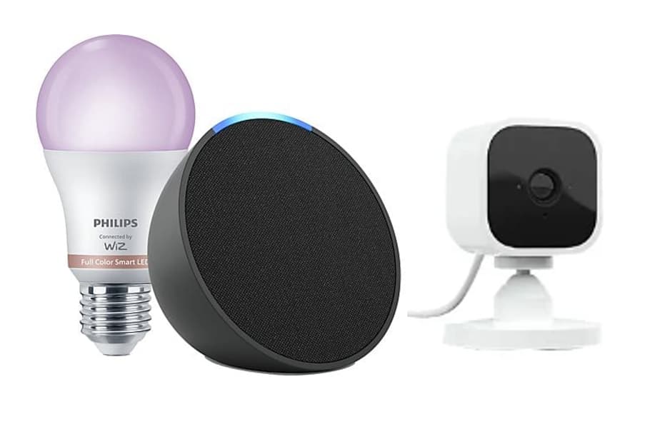 Pack Echo Pop + Bombilla Philips Smart LED + Cámara Blink Mini por solo 1€ más