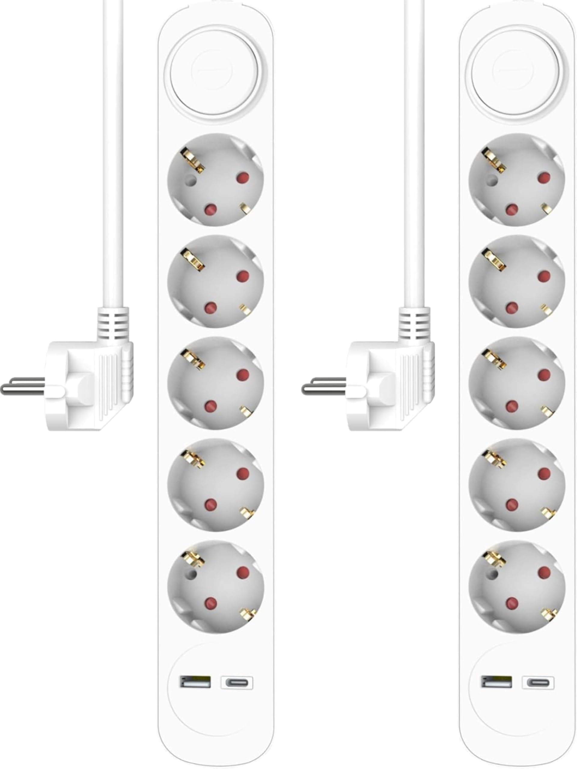 2 Regletas de 5 enchufes con Cable de 1,5 m e Interruptor + USB + USB-C