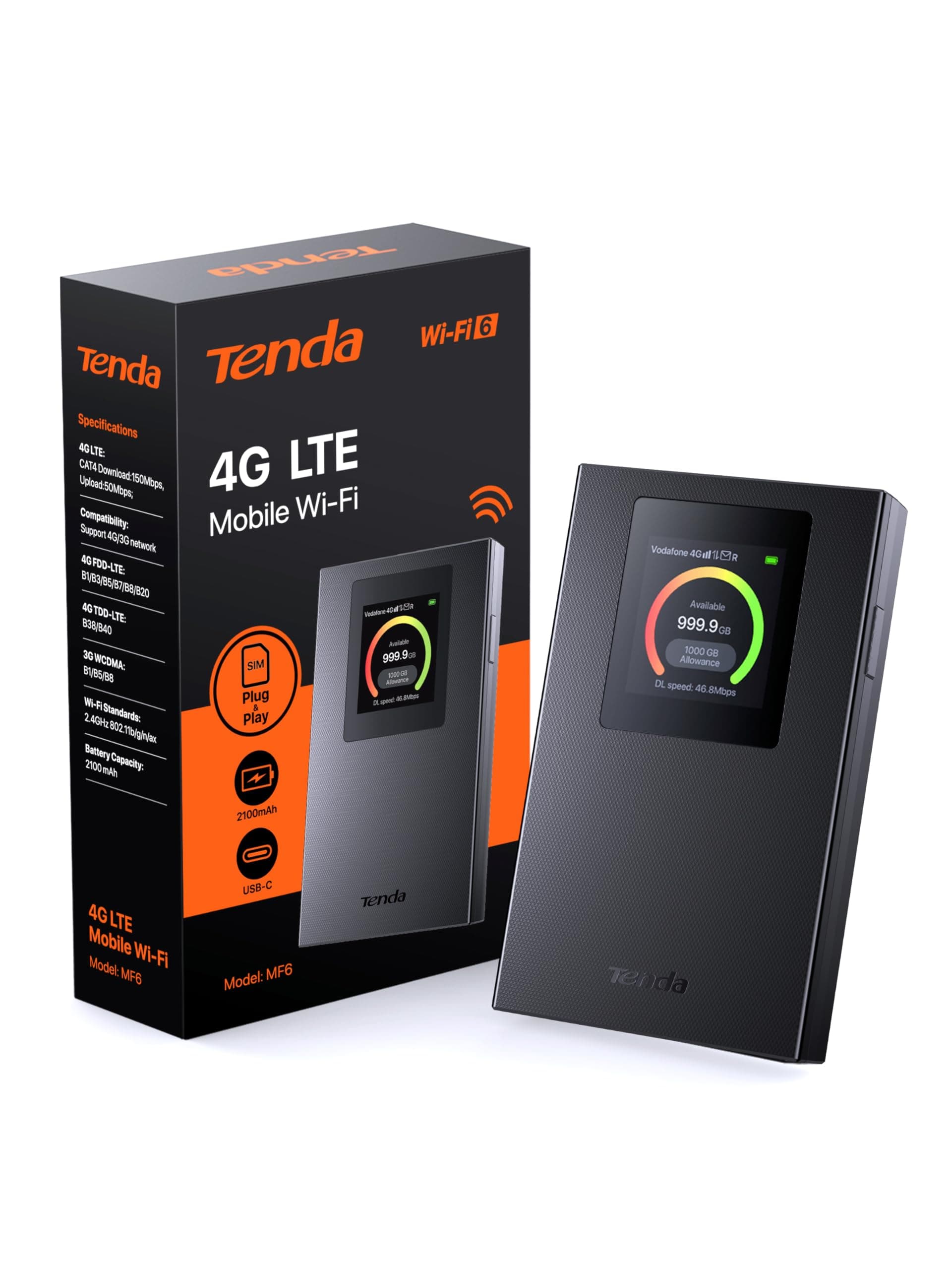 Tenda MF6 Router WiFi Portátil 4G LTE con SIM, WiFi 6 AX300, Plug & Play- FUNCIONA CON UNA SIM - 10 dispositivos