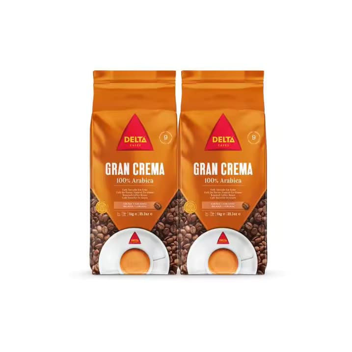 Delta cafés gran crema - pack 2 unidades de 1kg (17.80€/kg) - arábica 100% granos de café natural 1 kg - notas de especias, cacao