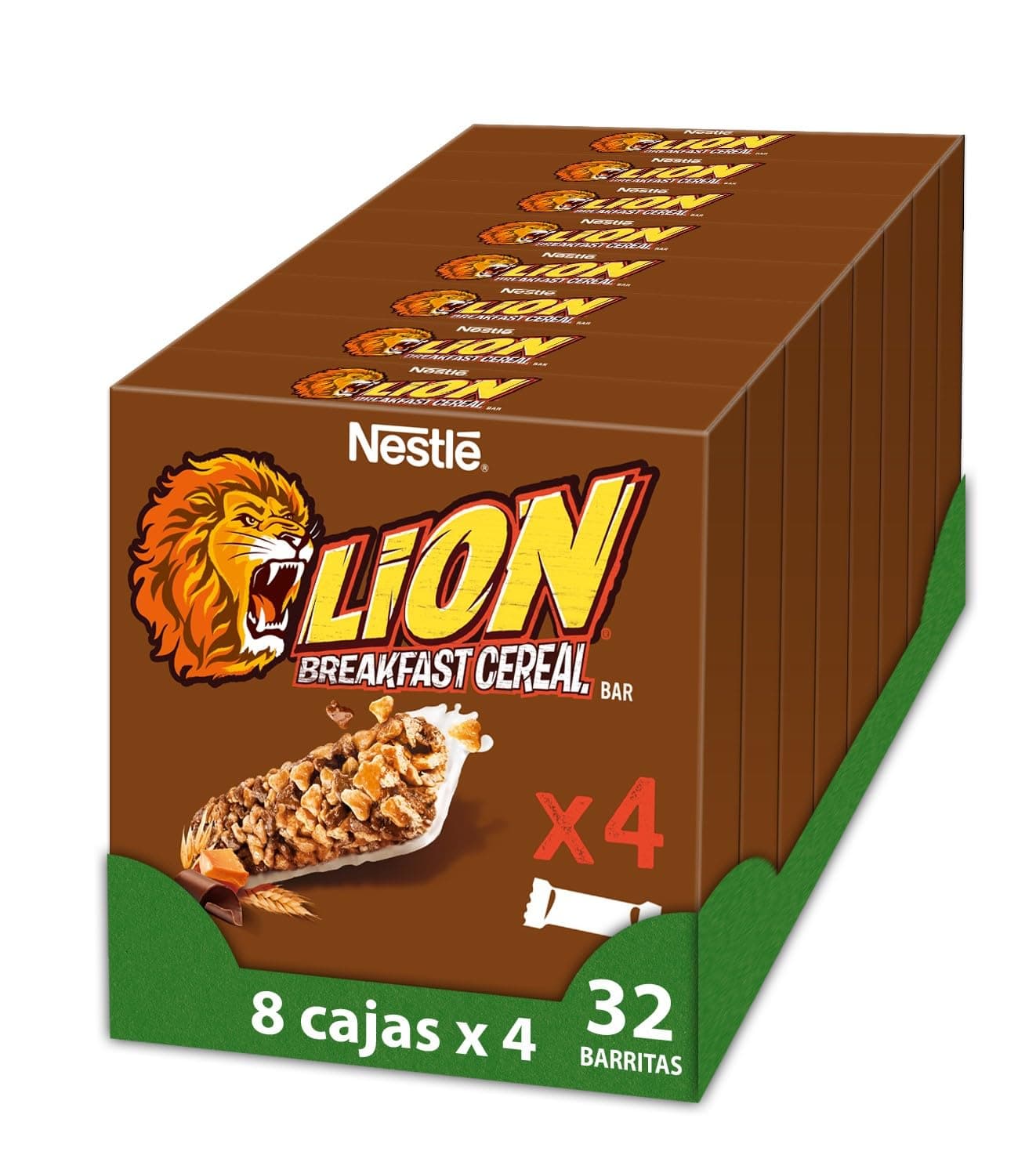 Nestlé Lion Barritas con Chocolate y Caramelo. Pack de 32 barritas. Barritas con chocolate y caramelo en formato individual.