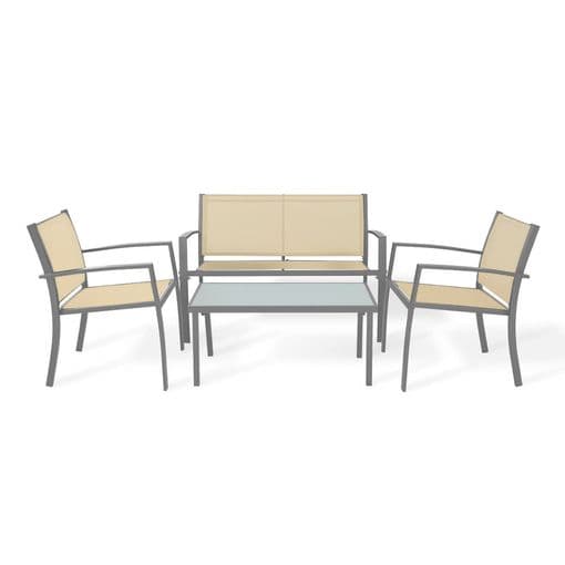 Sofa + 2 Sillas + Mesa De Cristal Templado. Conjunto De Jardin Y Terraza, Beige