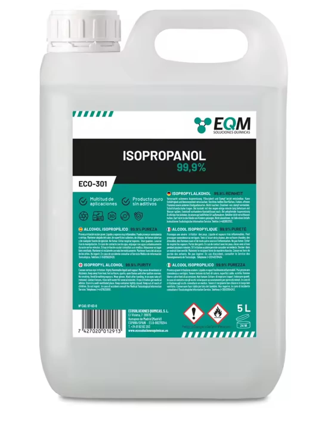 Alcohol Isopropílico 99,9% - 5L - Isopropanol - Limpieza electrónica, pantallas, impresión 3D, limpiacristales