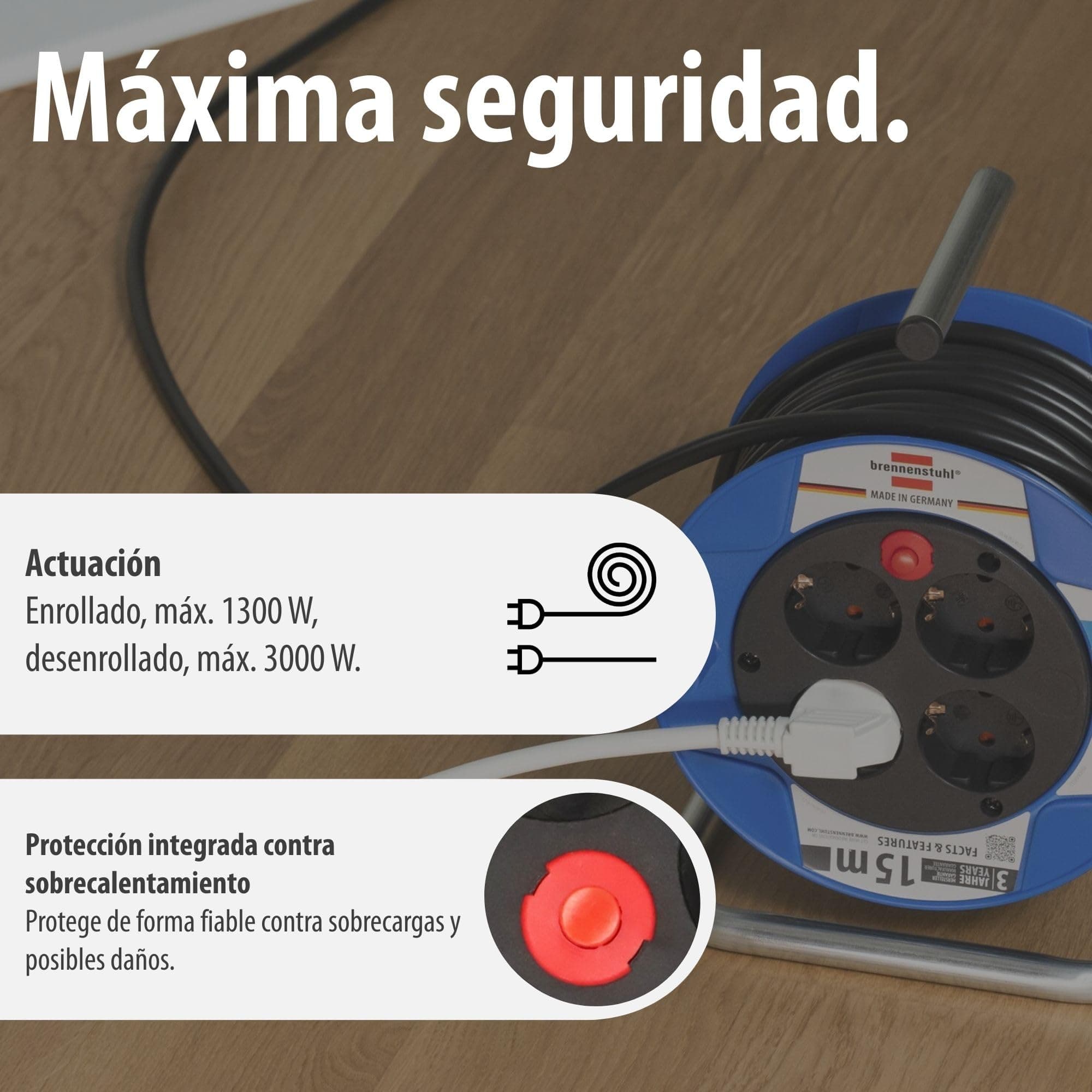 Brennenstuhl Garant Alargadera de 15m y 4 tomas de corriente; Con Protección de sobrecalentamiento o sobrecarga [Reaco - Como Nuevo]