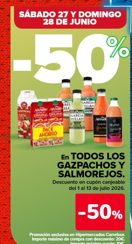 50% regalo en gazpacho y salmorejo + 3x2 o segunda al 70% en algunas marcas este sábado y domingo