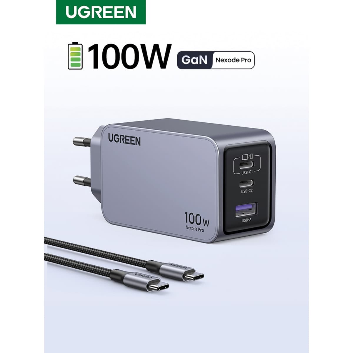 Cargador USB-C UGREEN Nexode Pro 100W GaN, 3 puertos con carga rápida