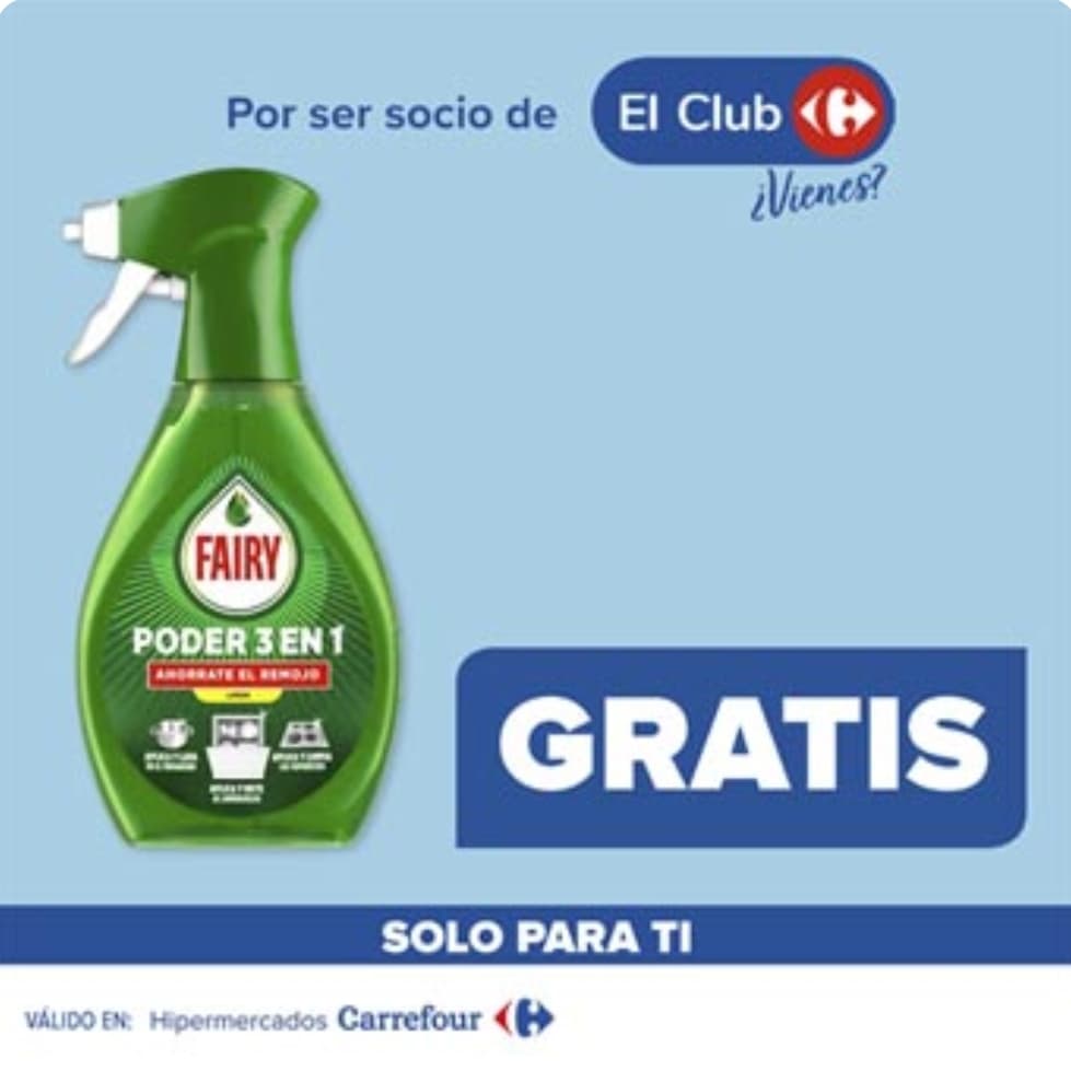 GRATIS un Lavavajillas a mano FAIRY SPRAY LIMÓN 500ML en hipermercados carrefour por compras superiores a 50 euros