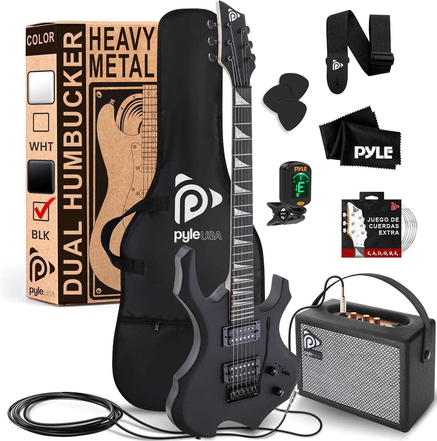 kit de guitarra electrica Pyle tipo hacha con amplificador y accesorios