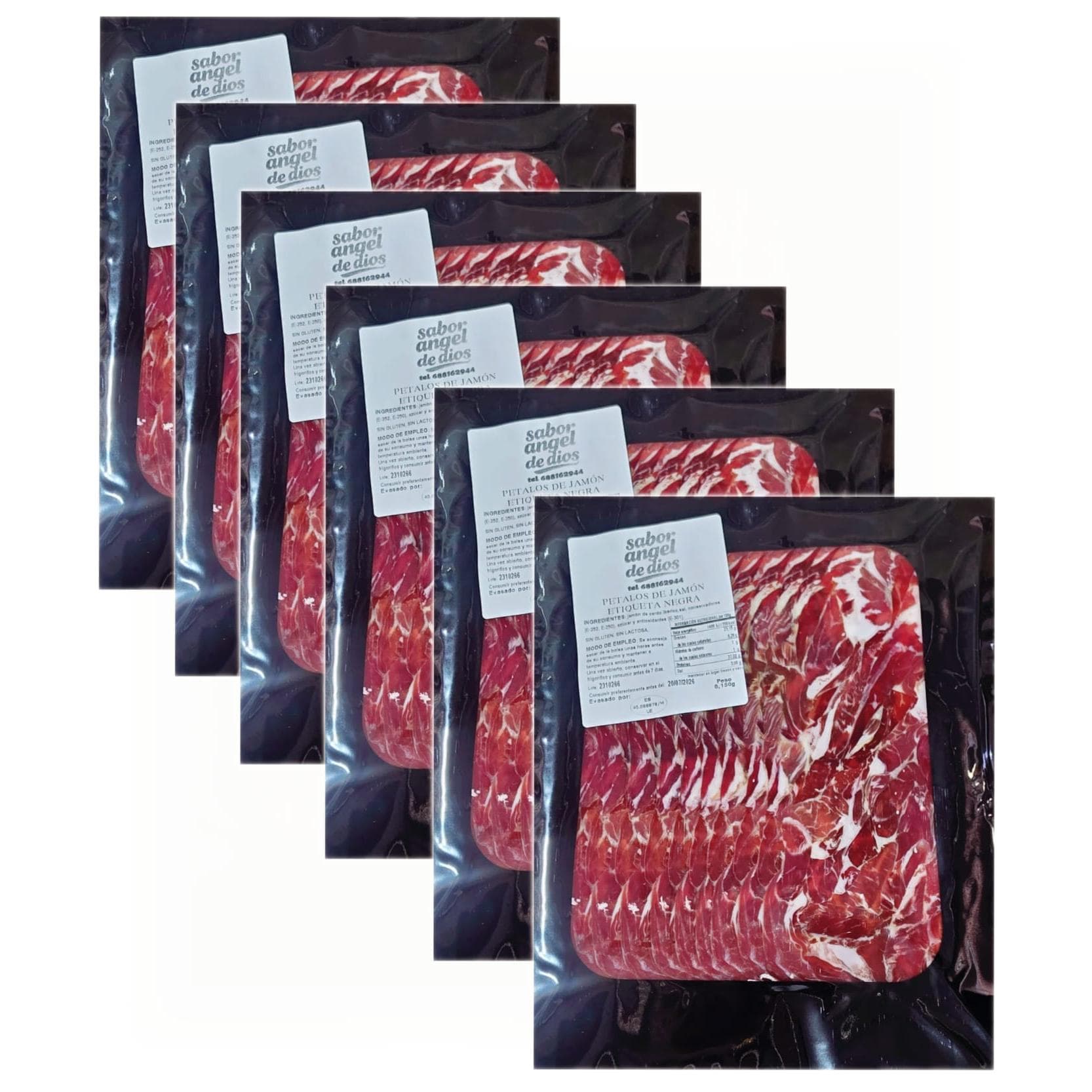 Pétalos de jamón ibérico sabor Ángel de Dios. 6 x 150g - total 900gr - etiqueta negra.