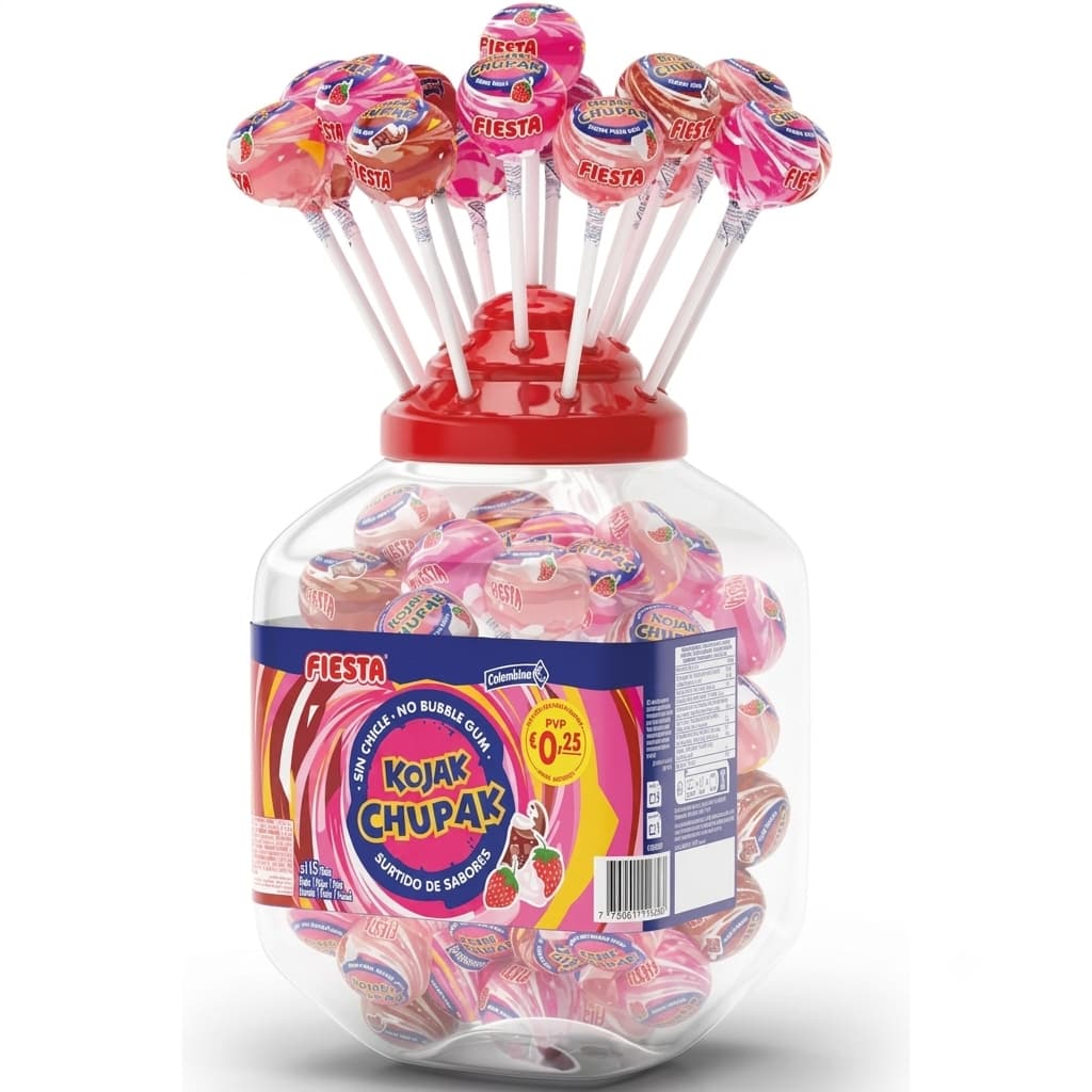 CHUPA Kojak Fiesta Sin Chicle Surtidos 115 Unidades | Sabor Cola, Fresa y Fresa con Nata | Sin Gluten | Caramelos para Niños y Fiestas