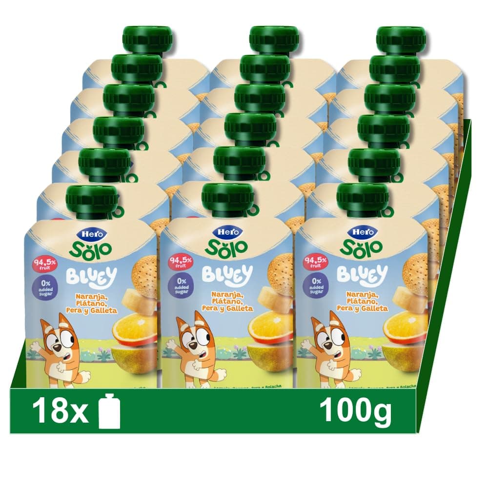 Hero Solo Bolsitas Naranja Plátano Pera y Galleta Desde 6 Meses, 18 x 100 g
