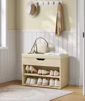 VASAGLE Banco Zapatero, Mueble Zapatero con Asiento Tapizado,3 Compartimentos , 30 x 60 x 44 cm,