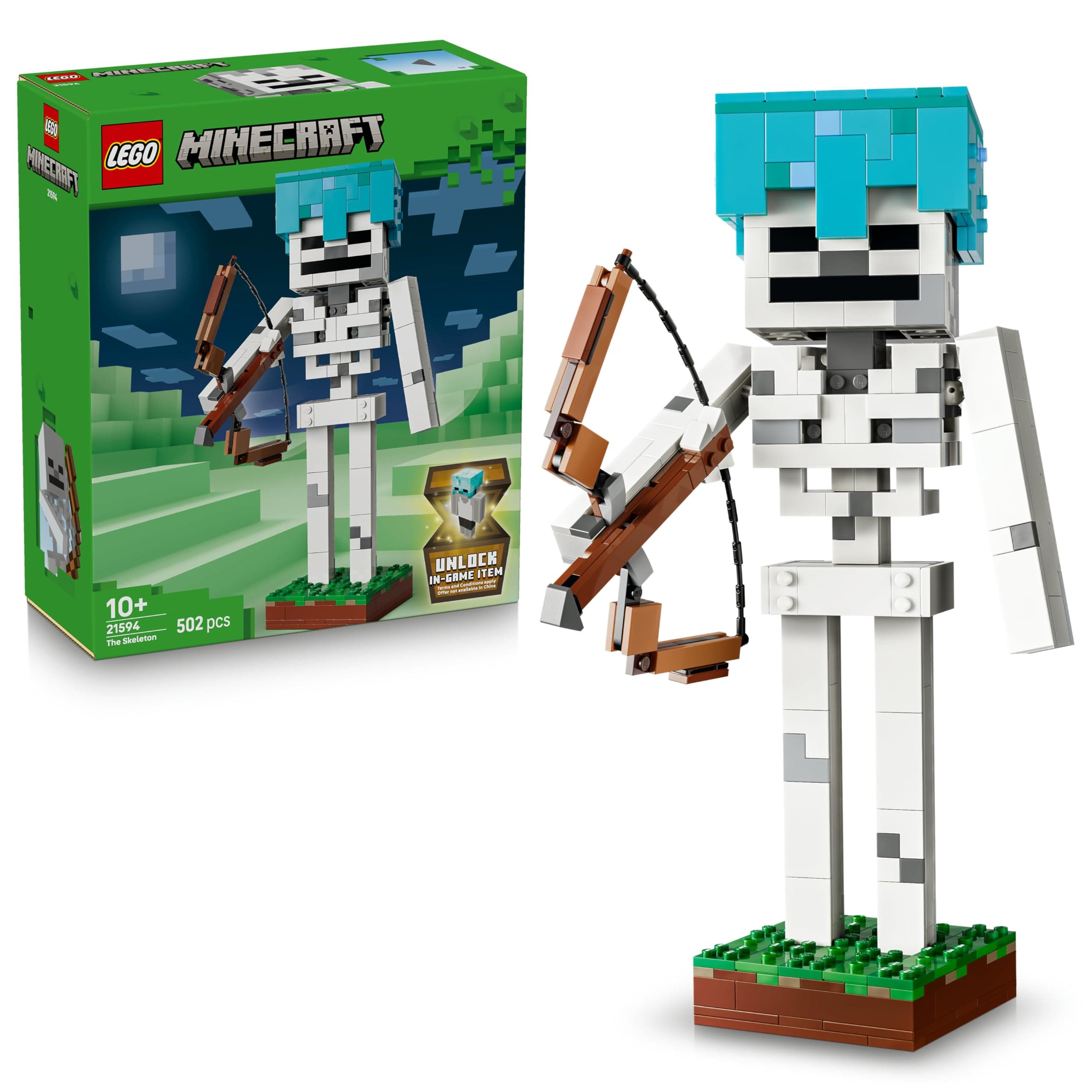 LEGO Minecraft El Esqueleto de Juguete – Figura Articulada con Casco de Diamante, Arco, Flecha y Base de Hierba