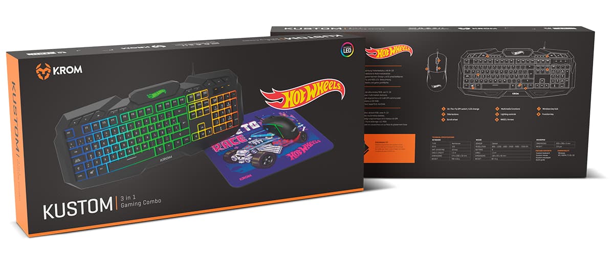 KROM Kit teclado, ratón y alfombrilla edición Hot Wheels KUSTOM- Teclado membrana RGB, Ratón 7200 DPI, alfombrilla tela, negro