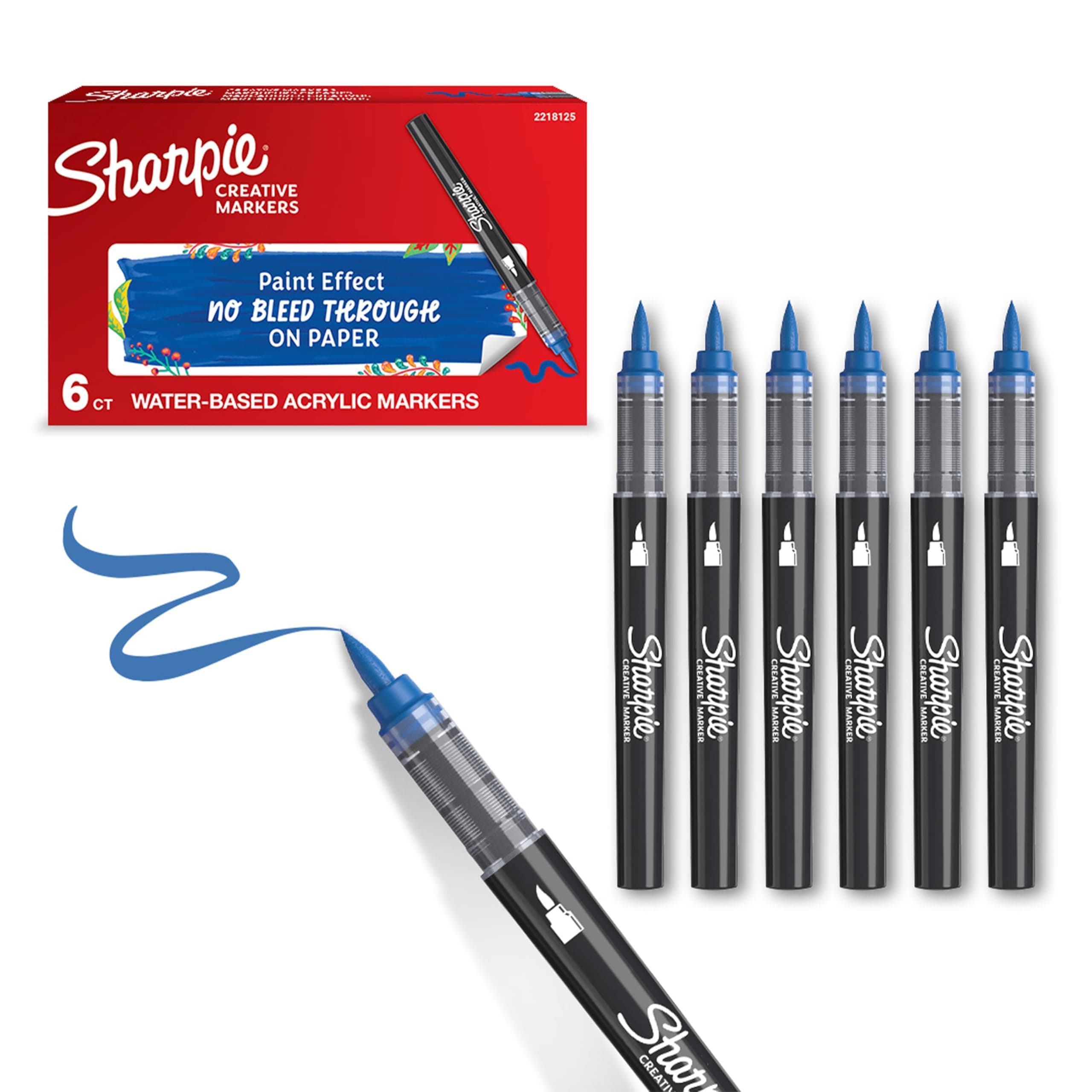 Sharpie Rotuladores acrílicos con punta de pincel base agua, Escribe en la mayoría de superficies, Azul, 6 Piezas
