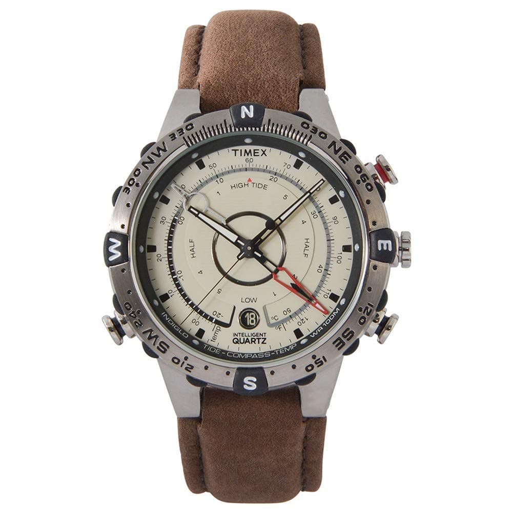 Timex Expedition Tide-Temp-Compass 45 mm con esfera beige, piel marrón, brújula, mareas e INDIGLO