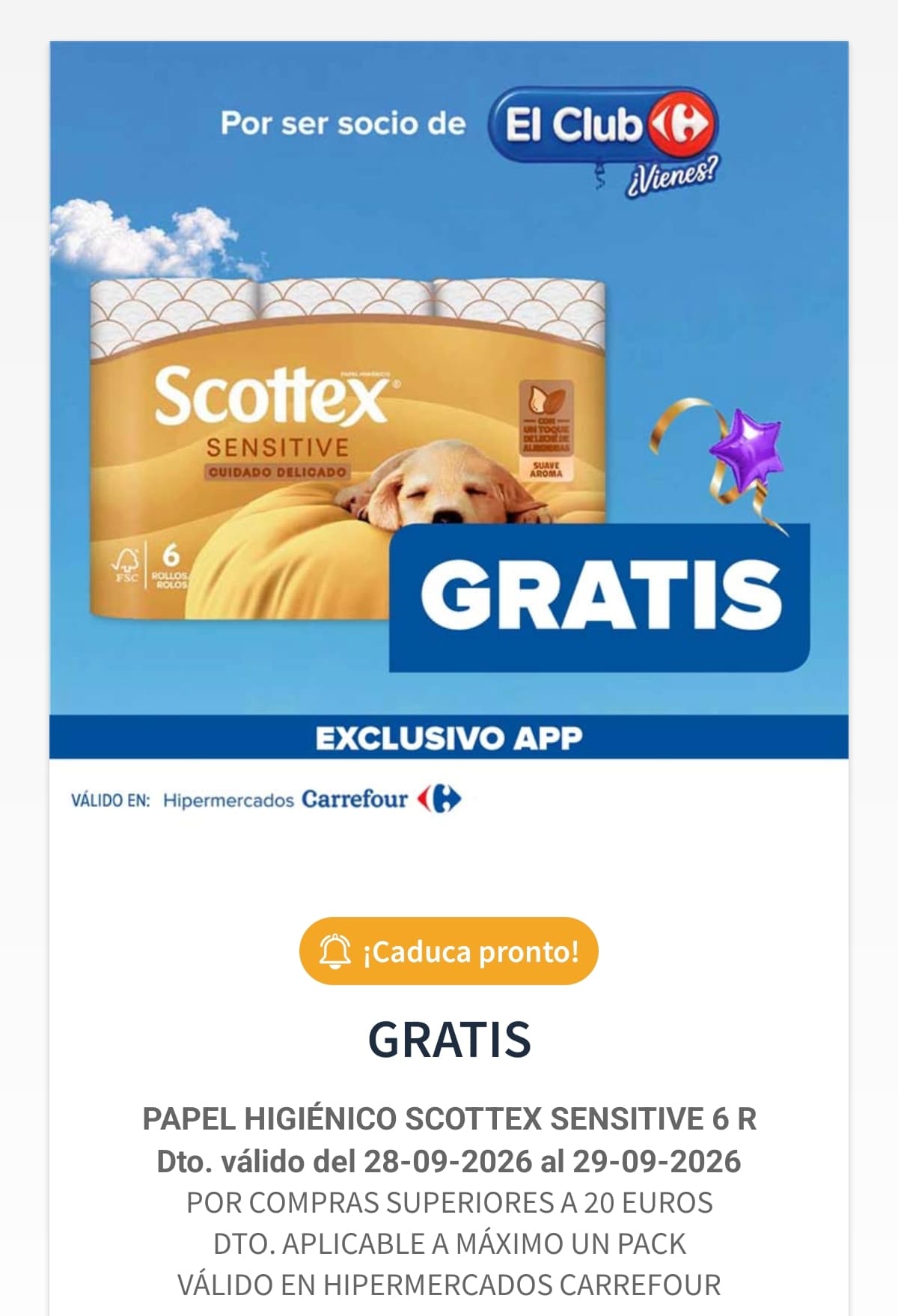 Gratis Papel Higiénico SCOTTEX SENSITIVE 6 por compras superiores a 20€