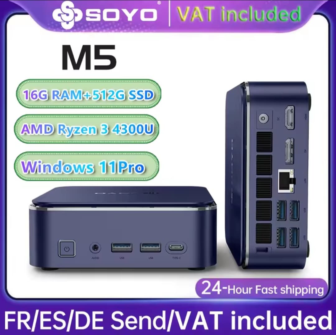 Mini PC SOYO M5, AMD Ryzen 3 4300U, 16GB RAM, SSD 512GB, Windows 11 Pro, WiFi 5, BT 5.0, Triple pantalla 4K