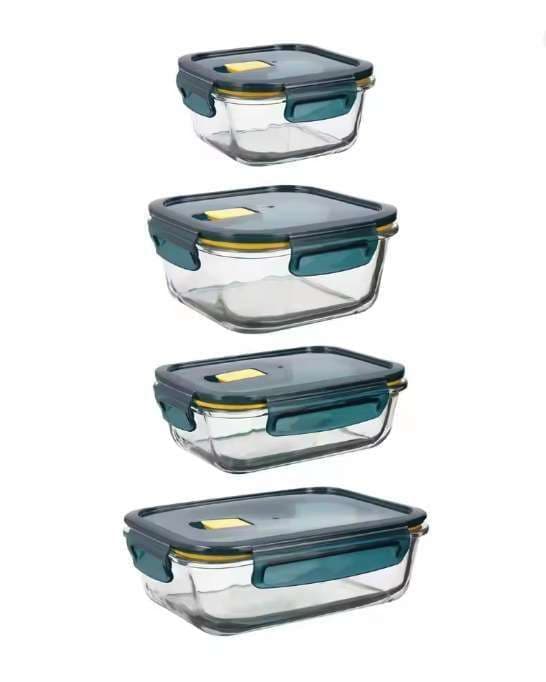 Set 4 Fiambreras Recipientes Herméticos Vidrio Astral Qd 52CL - 64CL - 80CL - 104CL Azul | Quid