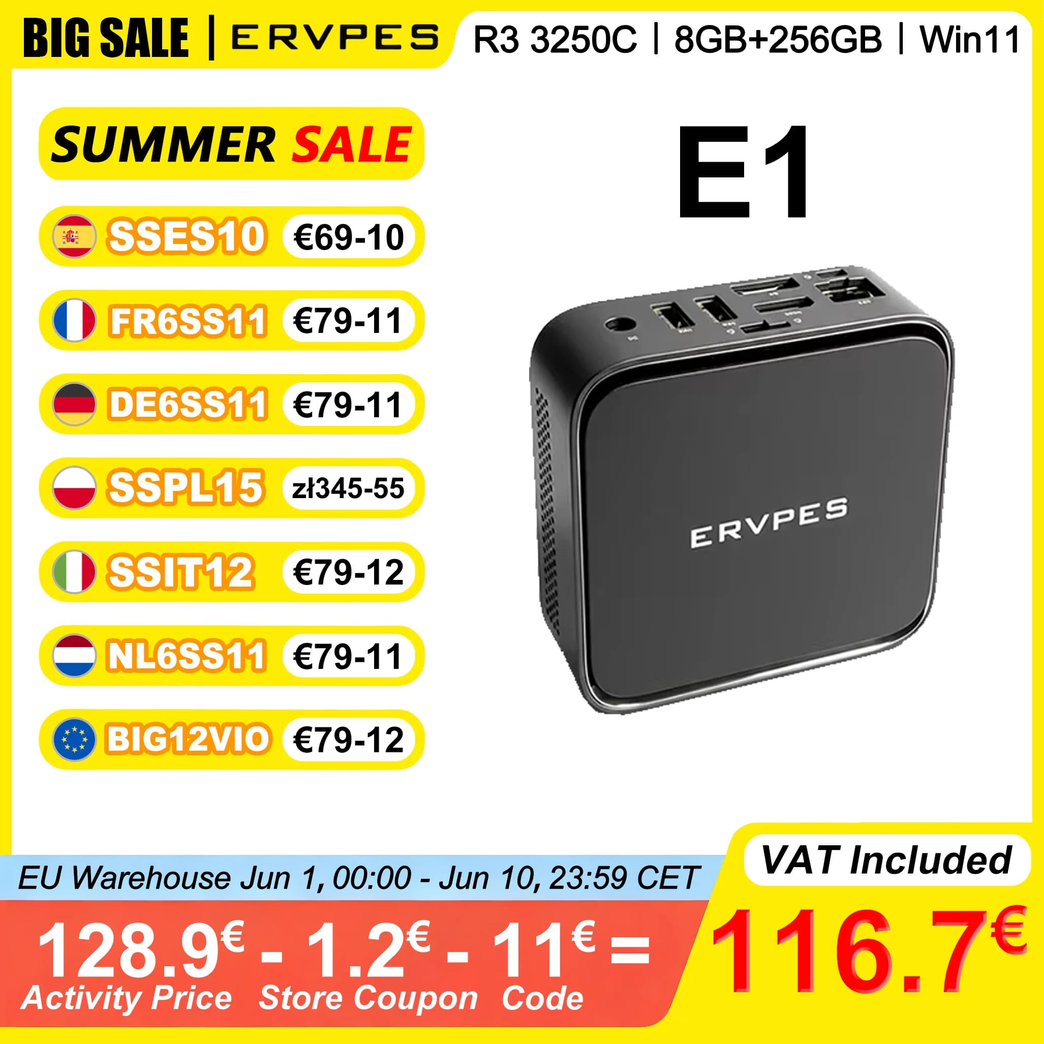Mini PC ERVPES E1 con AMD Ryzen 3 3250C, 8GB DDR4, SSD de 256GB, Windows 11, Wifi de Doble Banda, BT5.2, HDMI, DP