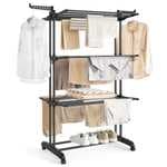 SONGMICS Tendedero Plegable de 4 Niveles, con Ruedas, Alas Plegables, 63,5 x 128 x 173 cm, Gran Capacidad, Montaje Fácil,