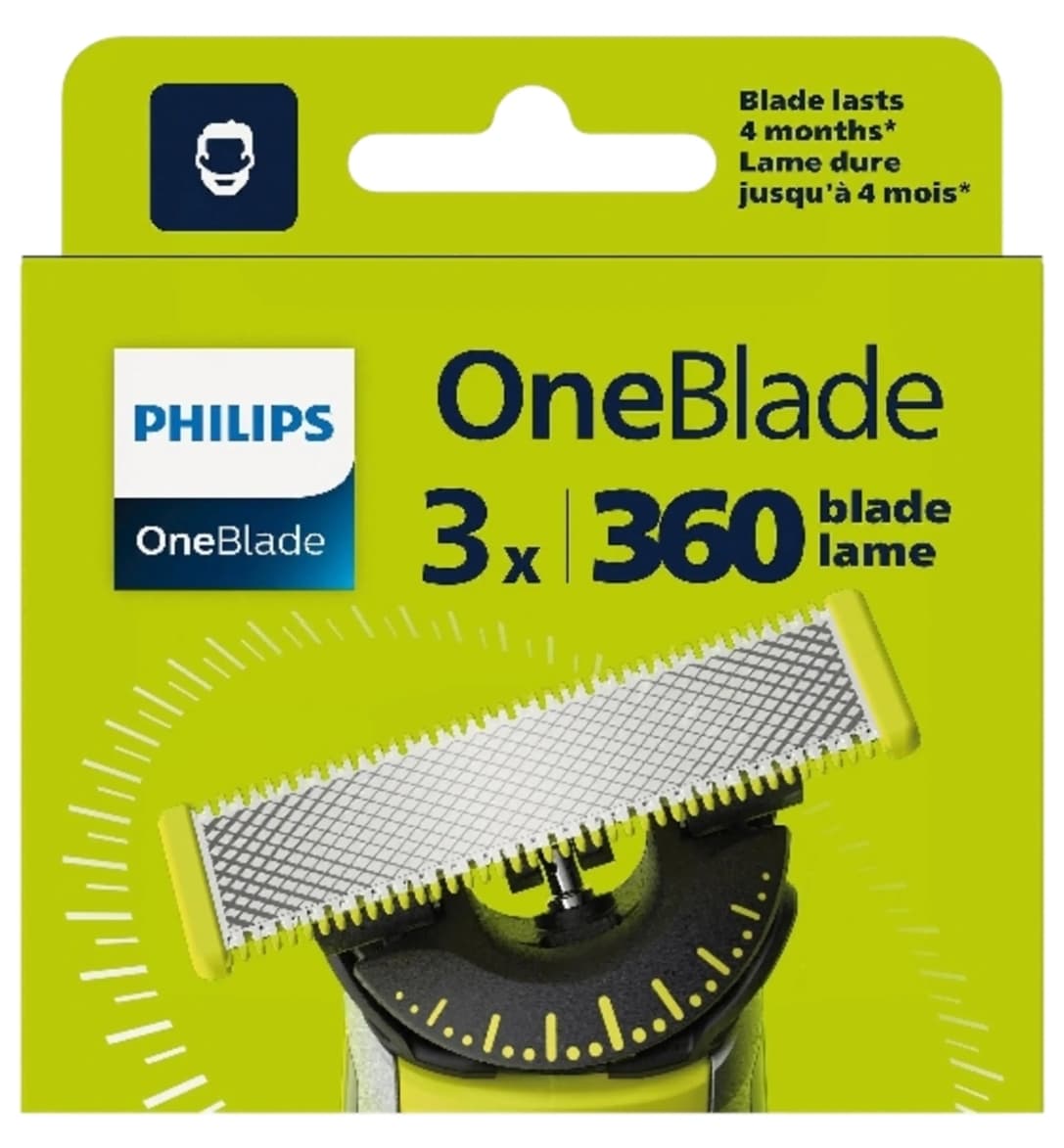 Recambio para afeitadora - PHILIPS One Blade QP430_50, x3 cuchillas flexibles 360 grados, uso en cara y cuerpo, recorta, perfila y afeita