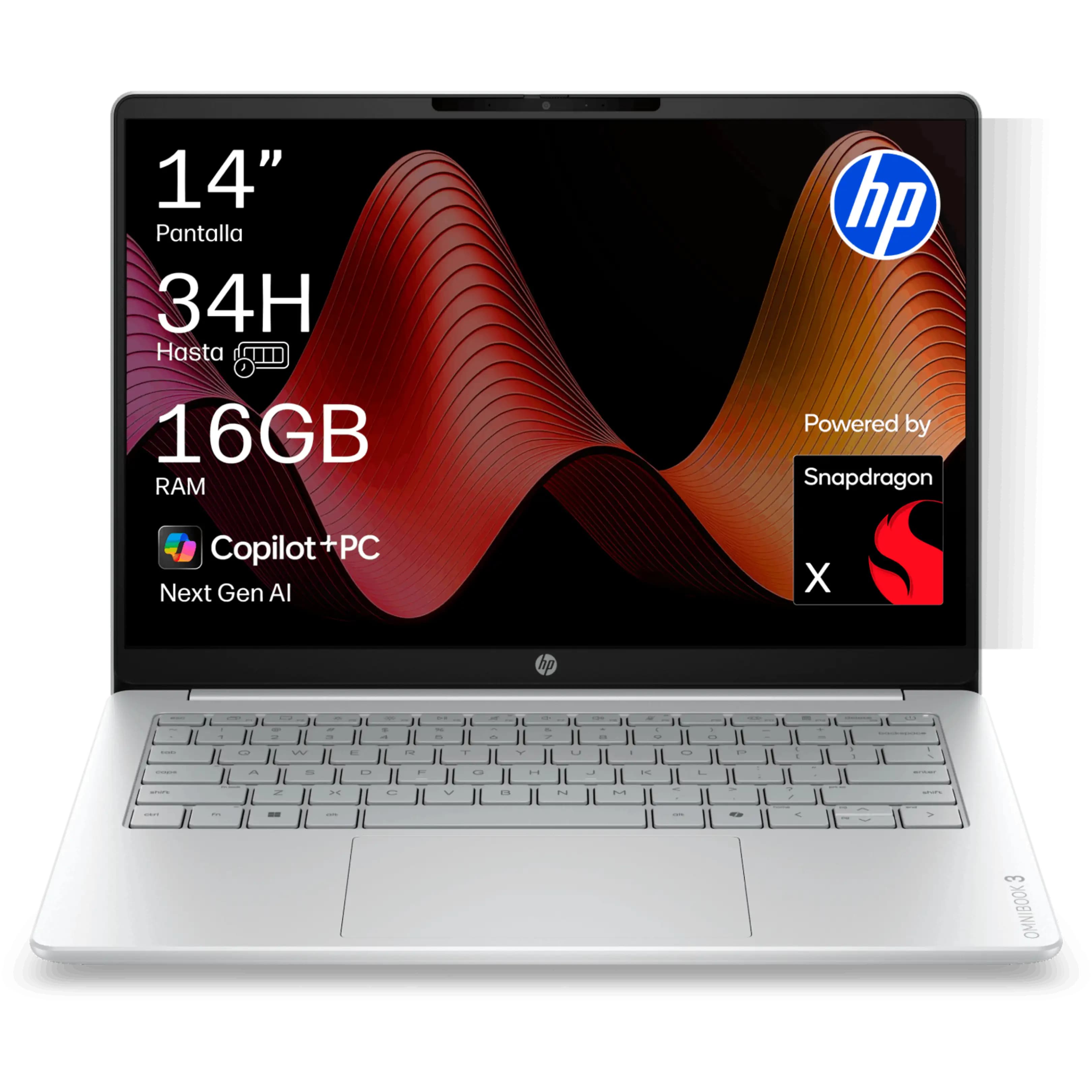 HP OmniBook 3 Next Gen AI Copilot+ PC, 14" 2K, Snapdragon X X1-26-100 45 TOPS, 16GB RAM, 512 GB SSD, W11