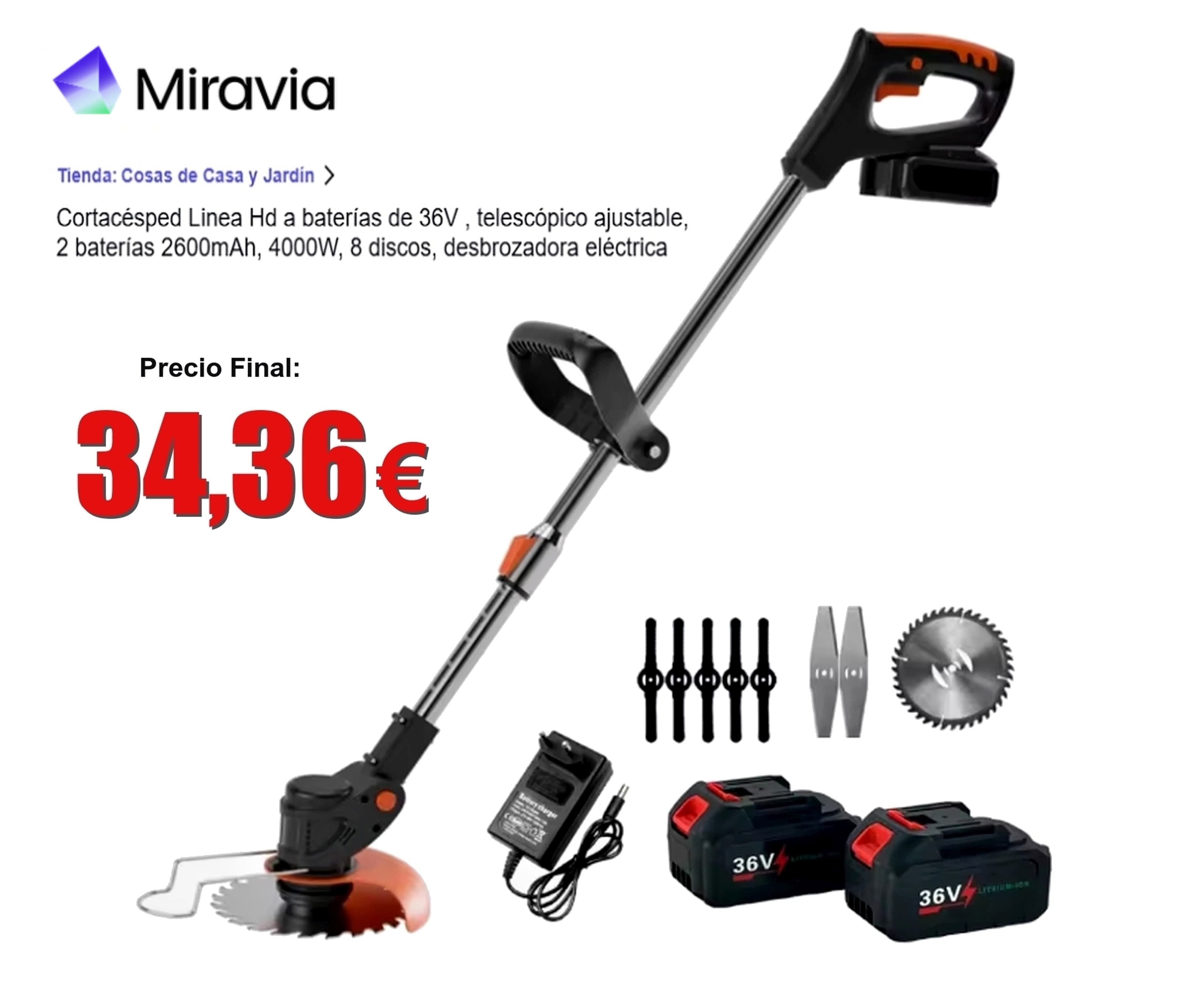 Cortacésped Linea Hd a baterías de 36V , telescópico ajustable, 2 baterías 2600mAh, 4000W, 8 discos, desbrozadora eléctrica x 34,36€