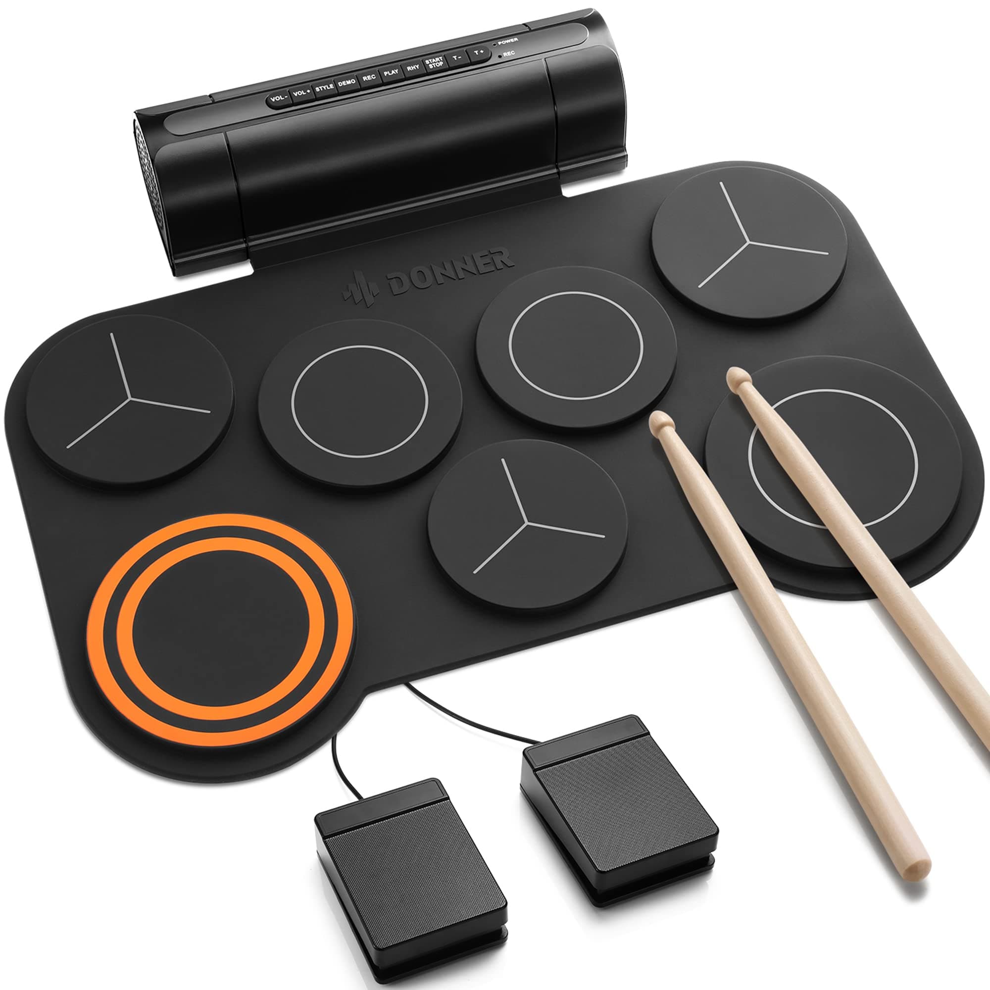 Batería Electrónica Donner DED-20 (7 pads sensibles, 2 pedales, altavoces integrados, conexión auriculares y MIDI, en Amazon España)