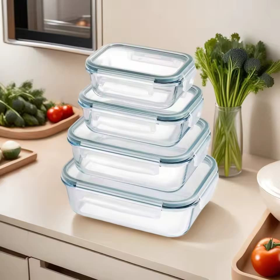 Set de 4 Fiambreras de Vidrio Borosilicato Rectangulares (370ml, 640ml, 1l y 1,5l) con Tapas Herméticas