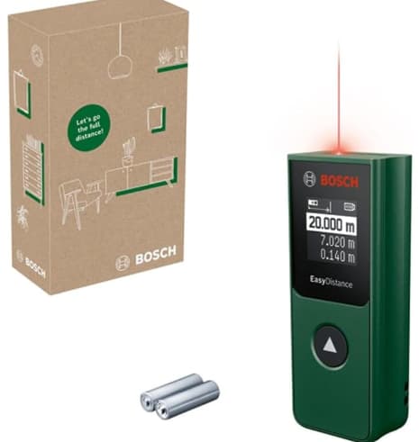 Medidor láser Bosch EasyDistance 20 (Alcance hasta 20m, botón único, pantalla invertida, tamaño bolsillo, pilas incl., en Amazon España)