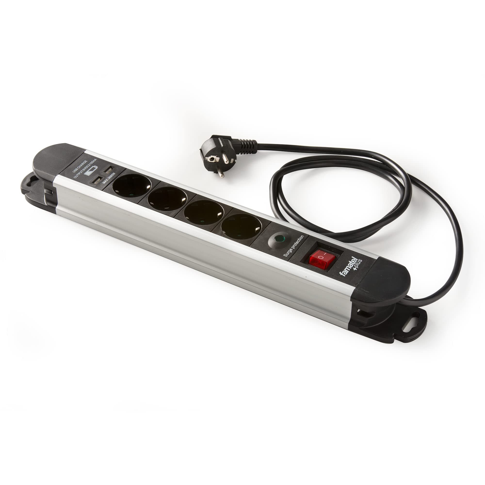 FAMATEL – Regleta aluminio 4 tomas y 2 USB | Enchufes con Interruptor Luminoso | 1,5 Metros | Hasta 3680W | Protección Infantil