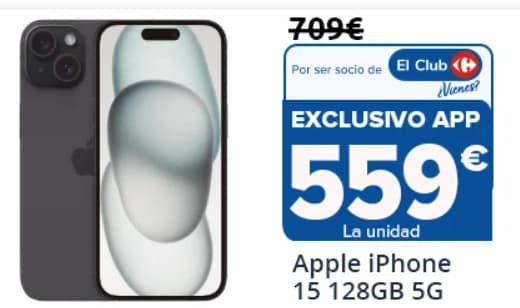 Apple iPhone 15 128GB 5G - Negro o Azul [Cupón Club Carrefour]