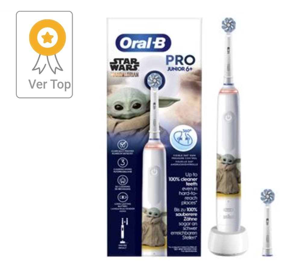 Cepillo eléctrico recargable Oral-B Pro 3 Junior Star Wars viene en un conjunto que incluye dos cabezales de repuesto EB60X.