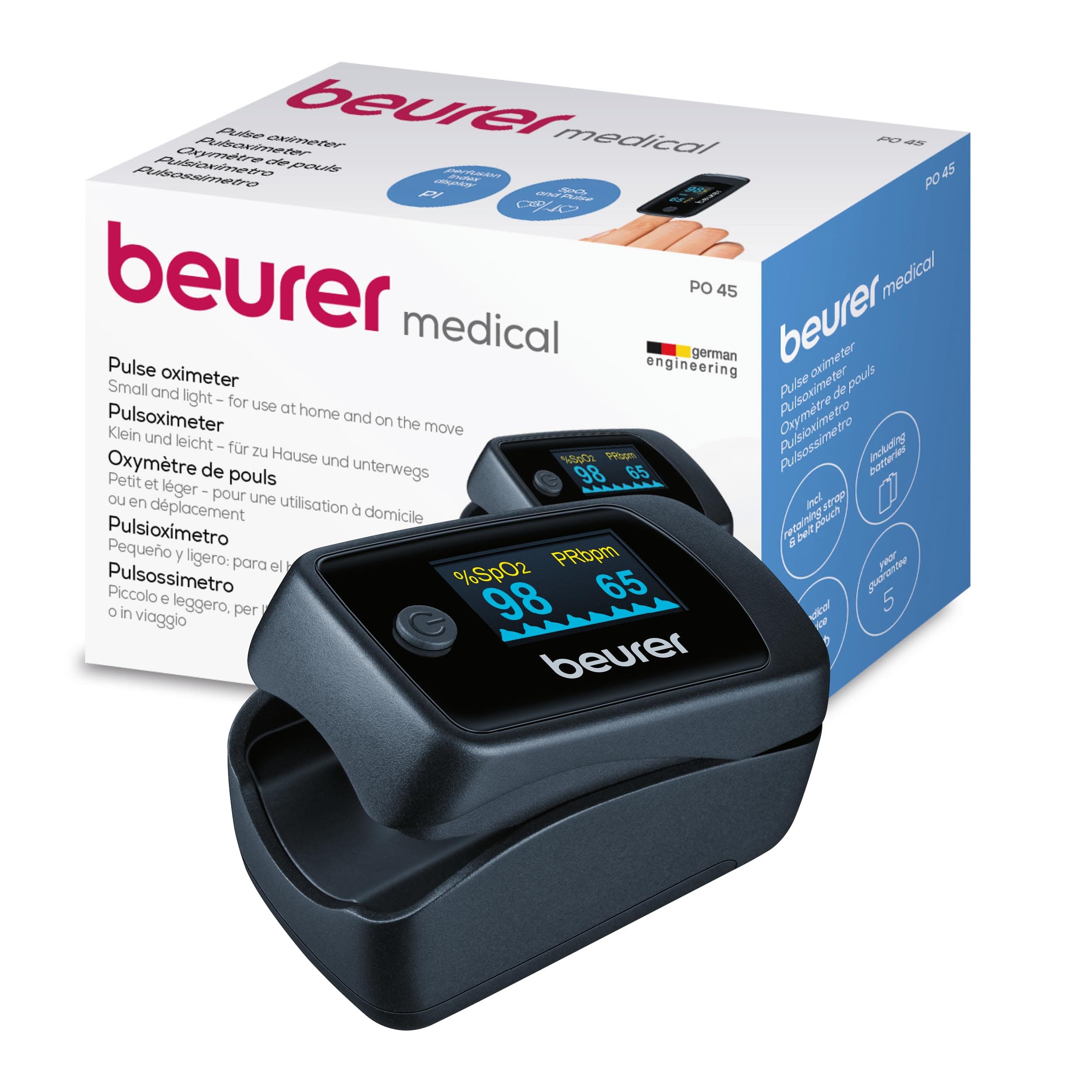 Beurer PO 45 Pulsioxímetro, medición de la saturación de oxígeno (SpO2), la frecuencia cardíaca (pulso) y el índice de perfusión (PI)