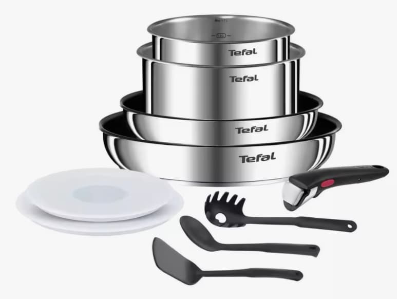 Set de 10 piezas Ingenio Tefal (2 sartenes 22 y 26cm, cazos de 16 y 18cm, mango desmontable, cuchara, espátula, cuchara espaguetis, 2 tapas)