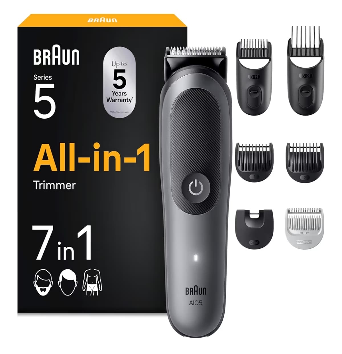 Braun Todo En Uno Series 5 AIO5520, Kit De Styling 7en1, Lámina Ultra Afilada, 120 Min, Tecnología SensitiveTrim Para el Cuerpo, AquaGrip