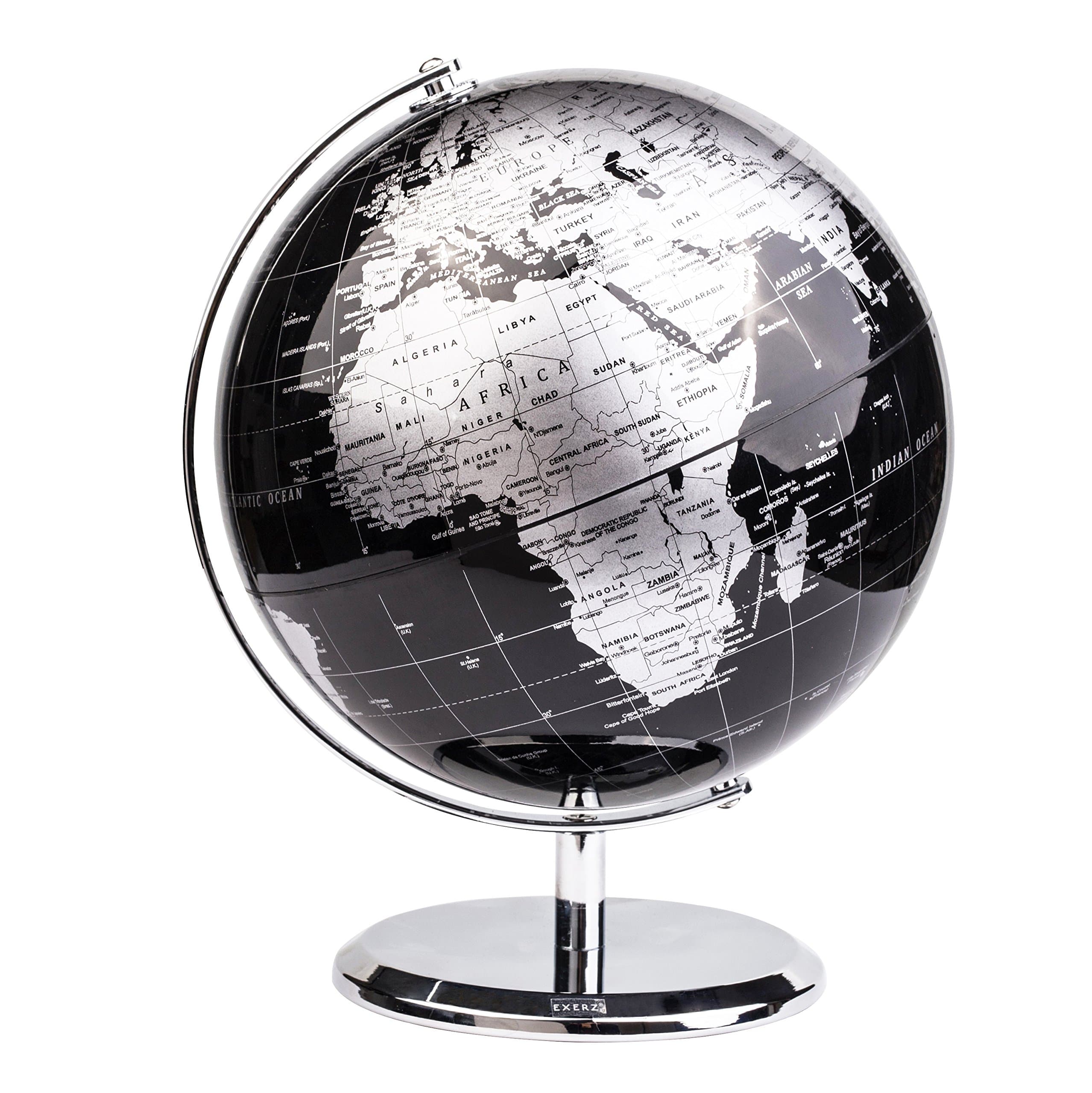 Globo Terráqueo Metálico Negro 20 cm con Base Mapa Político En Inglés Con Acabado Plateado Para Aprendizaje Geografía Hogar Oficina Aula.