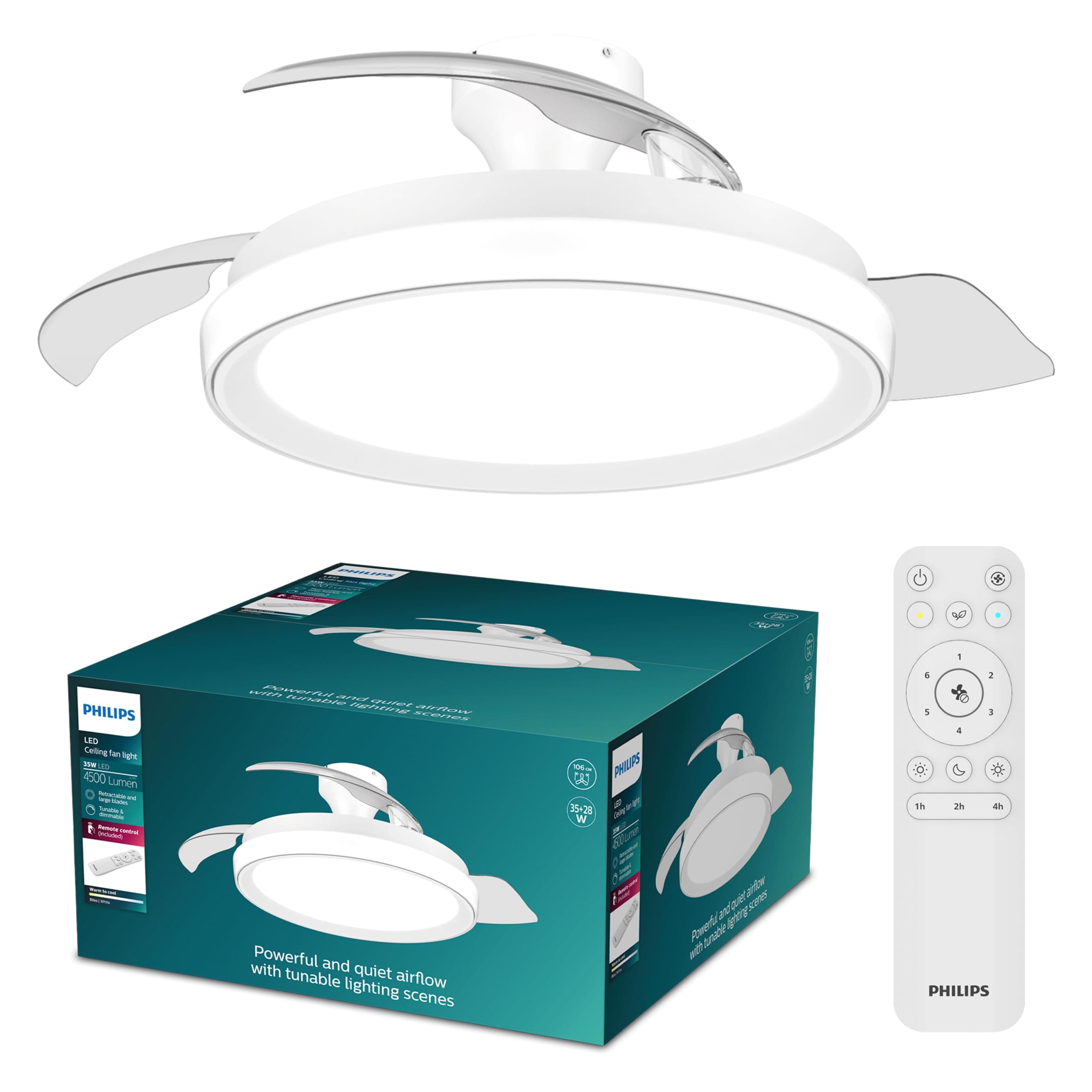 Philips Bliss Lámpara de Techo con Ventilador Aspas Retráctiles LED, 3 Aspas, 106 Cm de Envergadura, 4500 Lúmenes, Luz Blanca