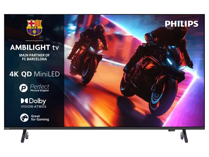 TV Mini LED 65" Philips 65MLED920 (4K QD MiniLED, Ambilight 3 lados, Dolby Vision/Atmos, Titan OS, HDMI 2.1 144Hz, negro, en MediaMarkt)