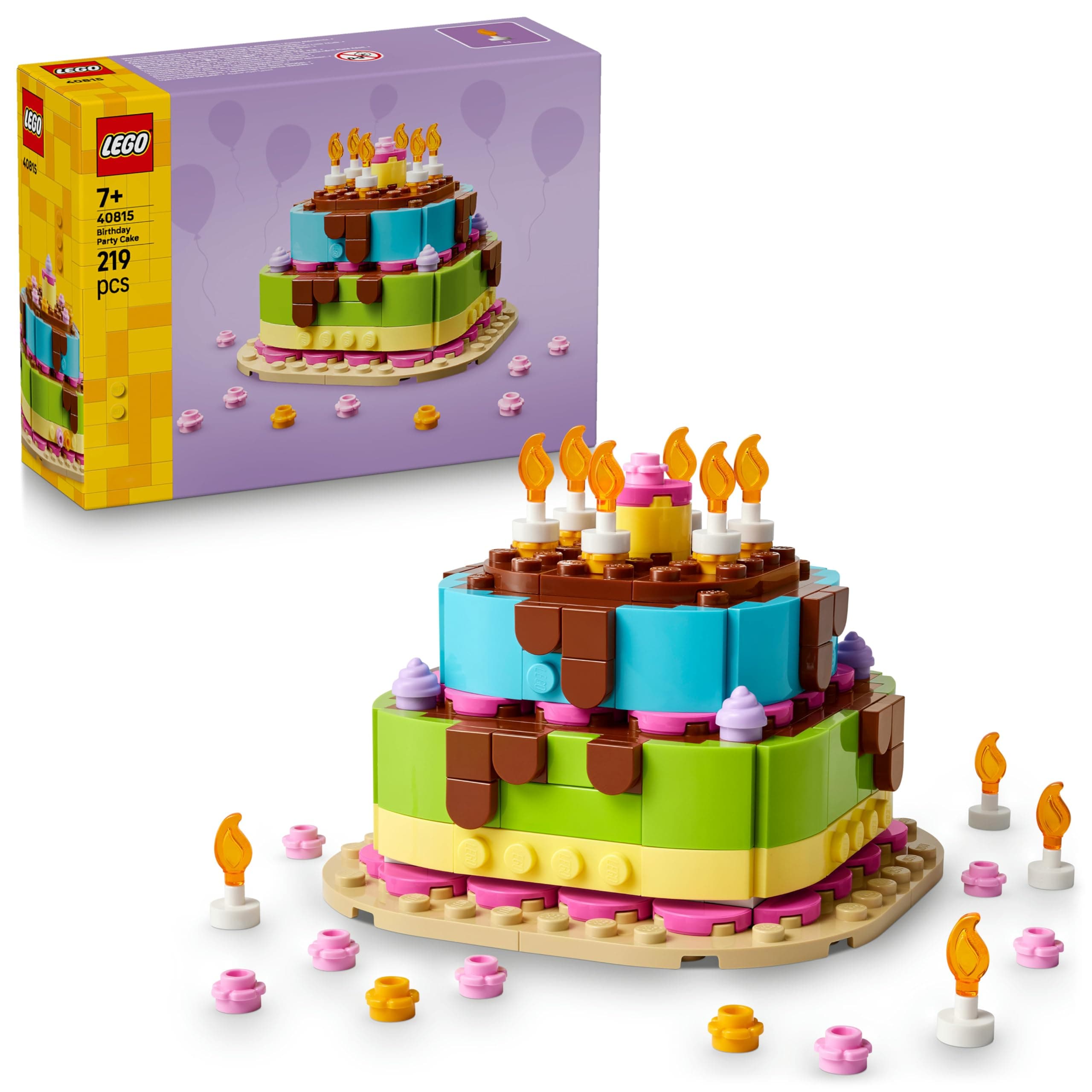 LEGO Pastel de Fiesta de Cumpleaños tarta con 10 velas y flores de colores, regalo de cumpleaños, 219 piezas